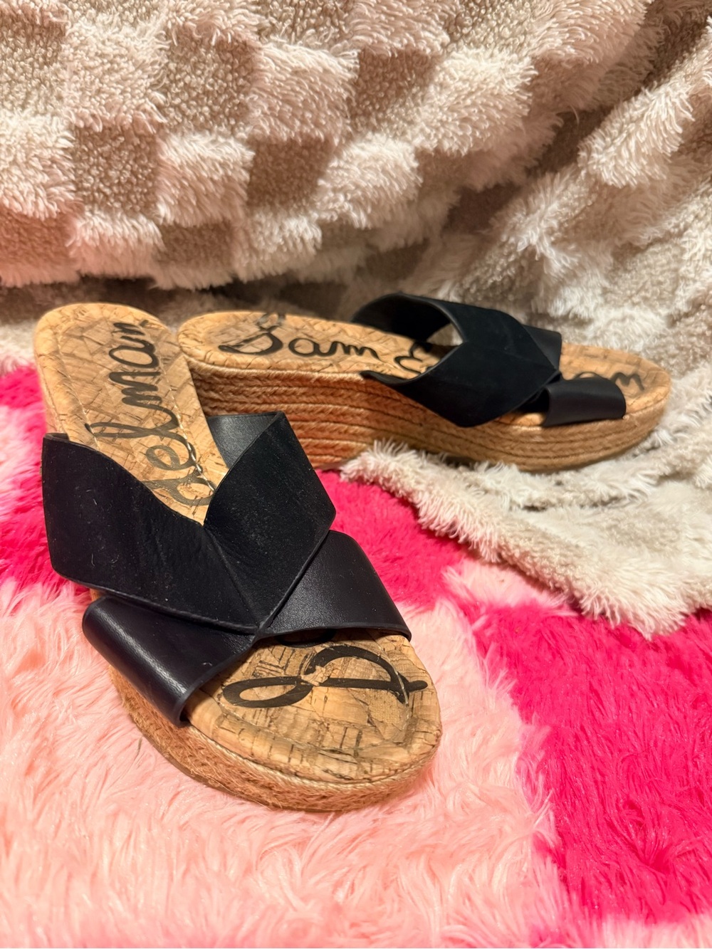 Sam Edelman Black Leather Crisscross Espadrille Wedge Slides